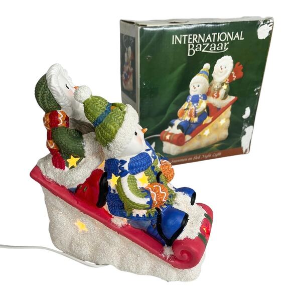 Snowman Sledding NIGHT LIGHT Winter Holiday Lamp International Bazaar Christmas - Picture 4 of 12